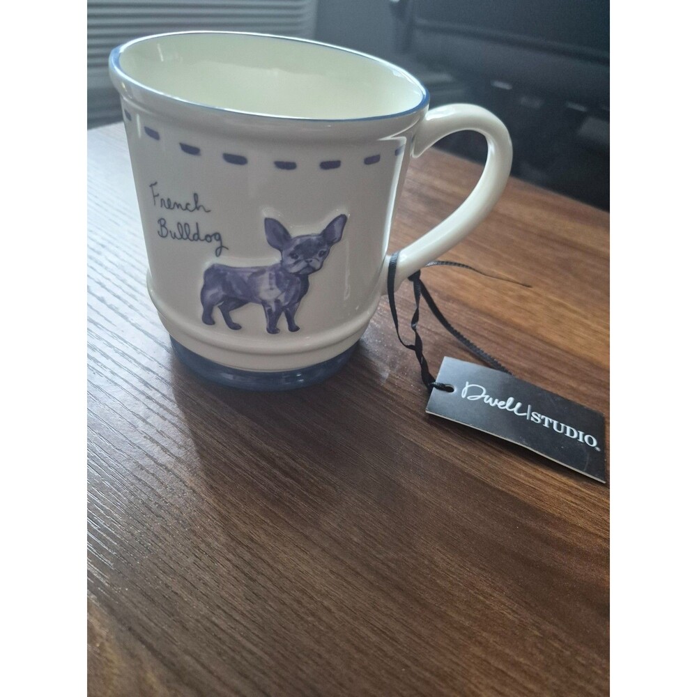 Dwell Studio French Bulldog Coffee Mug Frenchie Blue White Ceramic Tea Cup NWT